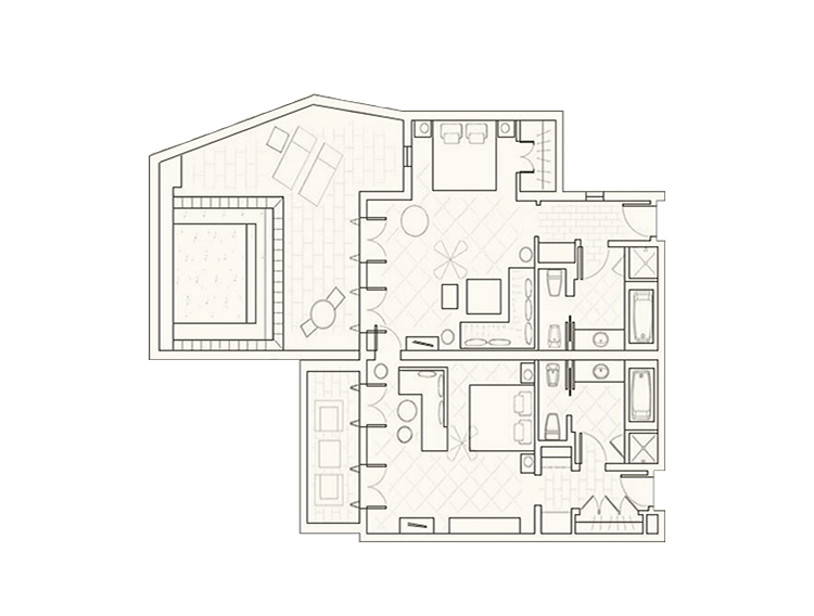 Interconnecting Junior Suite with Pool & Garden Studio with Sea View Layout